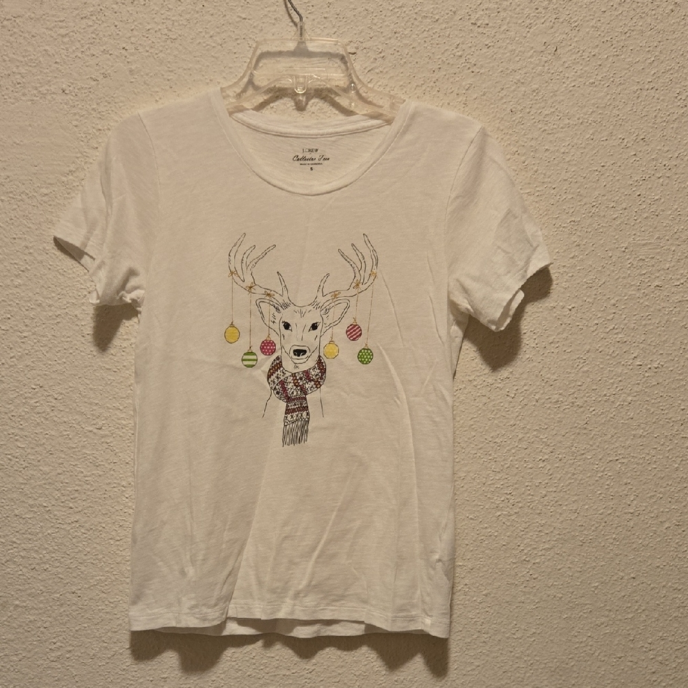 B10 J Crew White Reindeer Graphic Collectors Tee Sz Sm